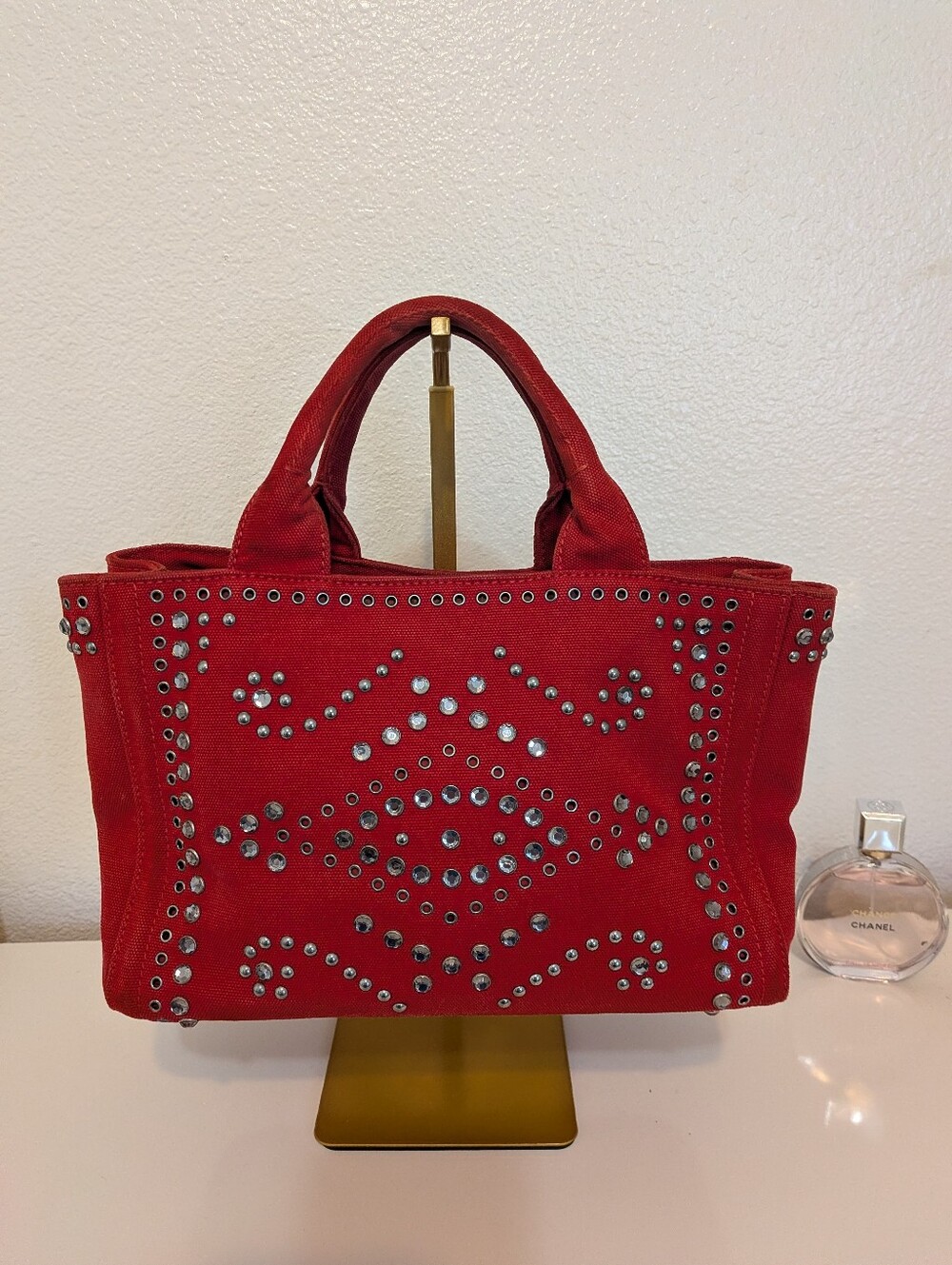 Prada Canapa Red Studded Rhinestone Small Satchel - Picture 3 of 13